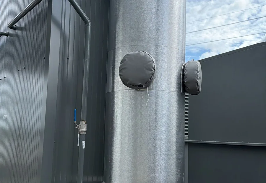 Cladded power-generation exhaust vessel with removable insulation access covers