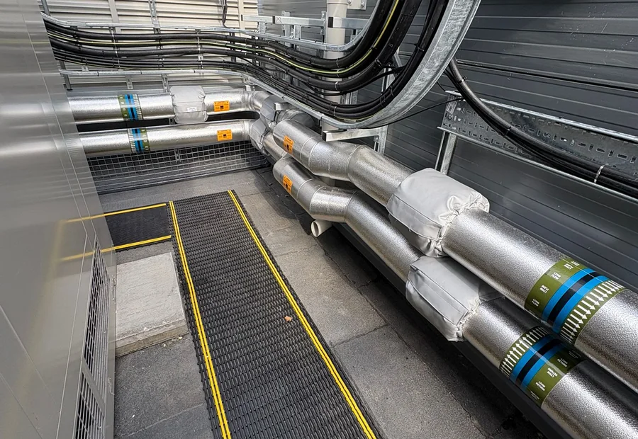 Completed trace-heating route with insulated metal-clad pipework and removable jackets