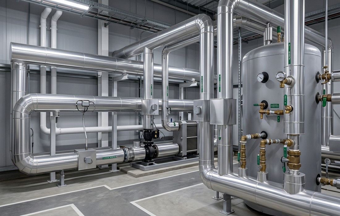Handover-ready commercial plant room with neatly finished insulation and service cladding