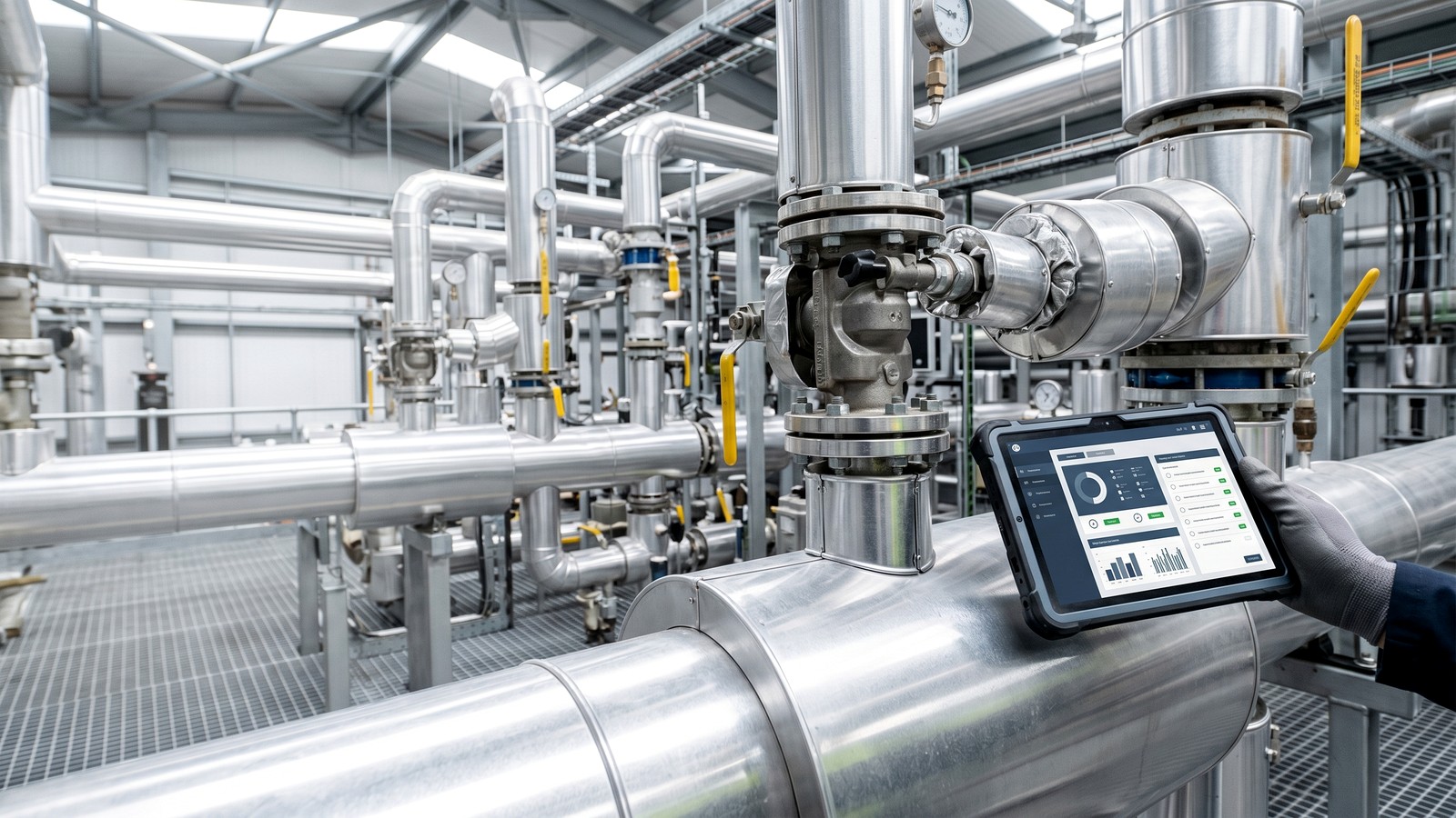 Commercial plant room inspection scene showing insulated services and review tablet