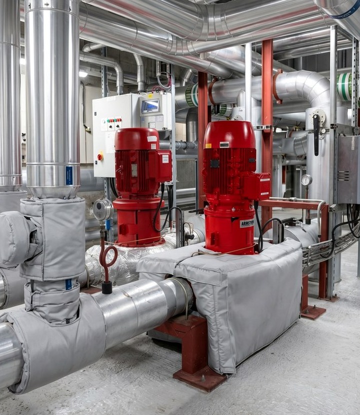 Critical service insulation detail around cooling plant, exhaust routes and maintenance access