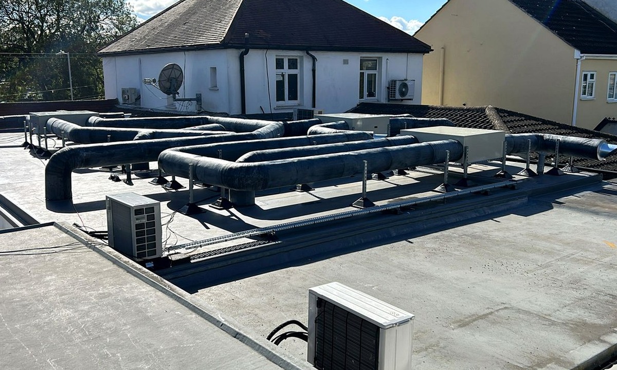 External services insulation with weatherproof outer finish across exposed routes