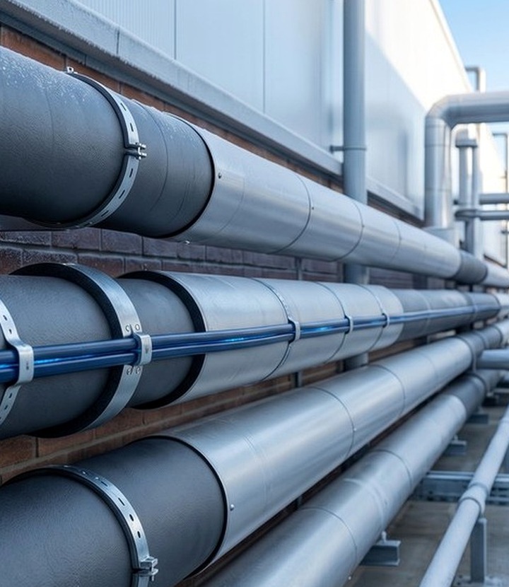 Enviroshield gutter and downpipe trace heating on commercial roof drainage routes