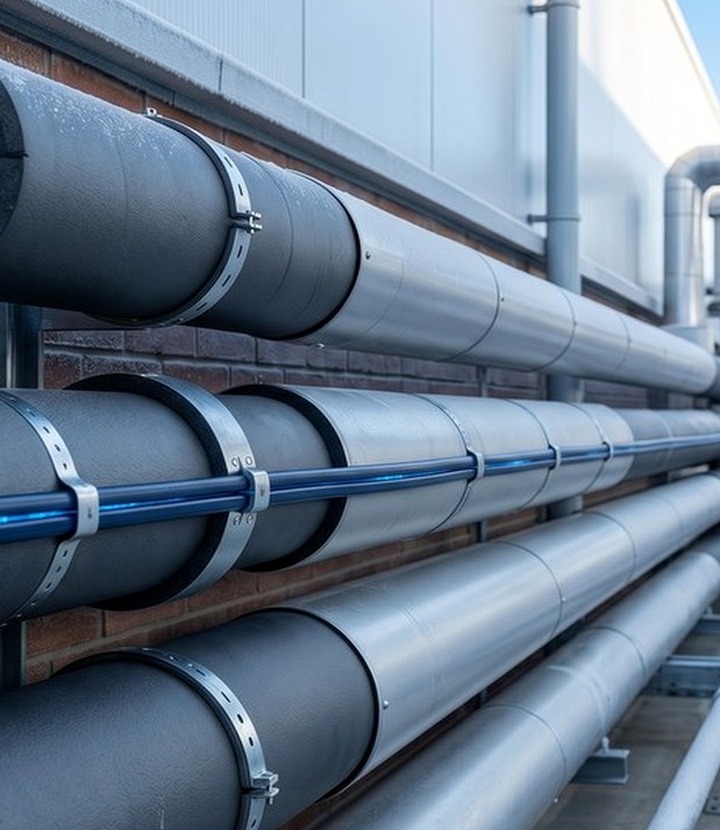 Enviroshield gutter and downpipe trace heating on commercial roof drainage routes