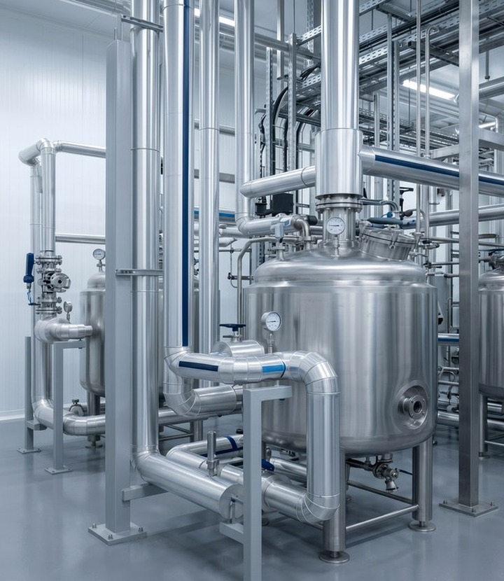 Pharmaceutical and chemical service detail with insulated pipework and hygienic cladding finish