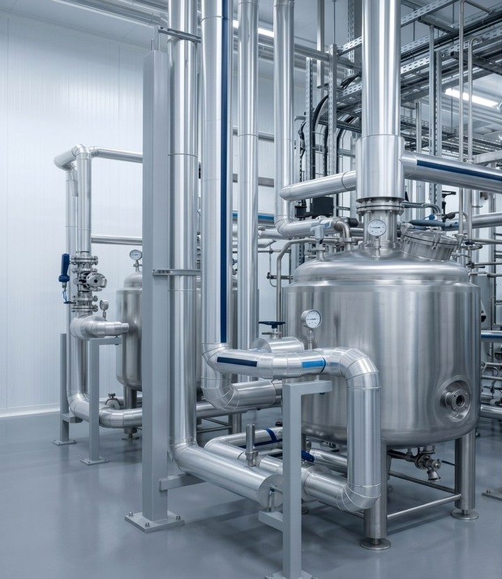 Pharmaceutical and chemical service detail with insulated pipework and hygienic cladding finish