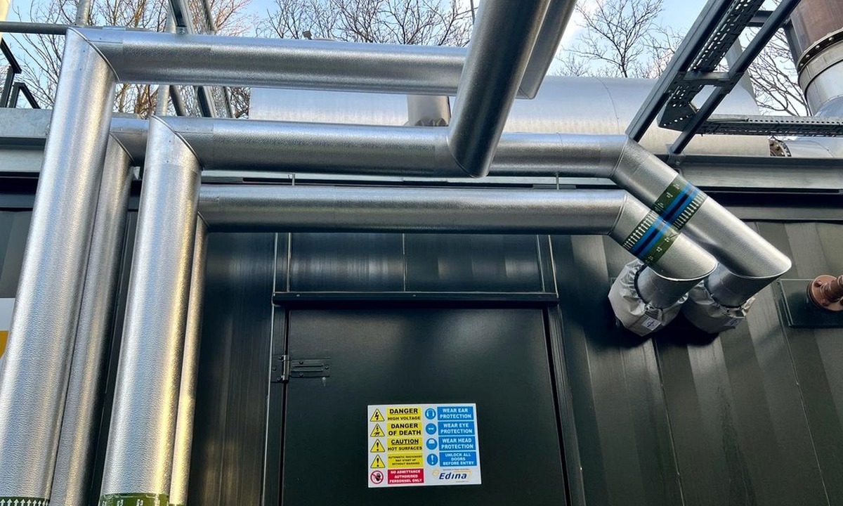 Insulated commercial pipework with clean metal finish around service routes