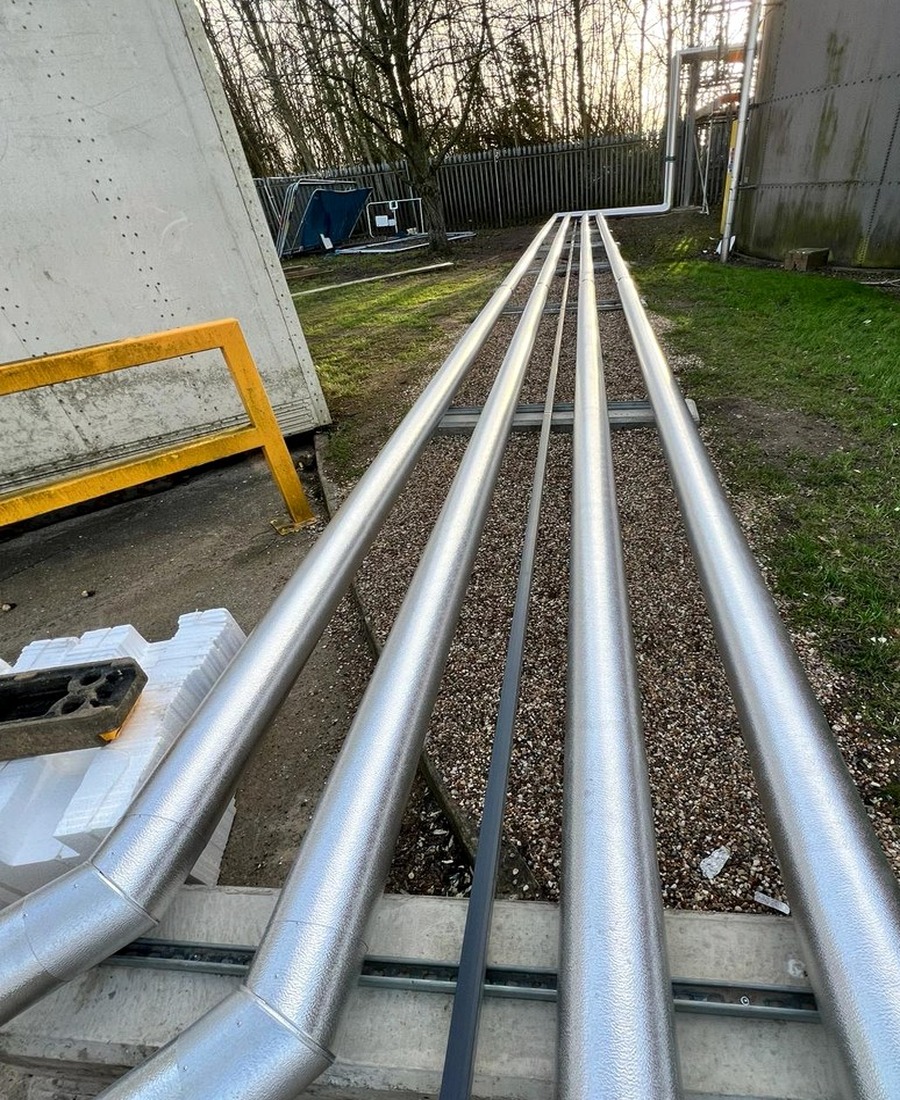 External commercial pipework insulation prepared for weatherproofing