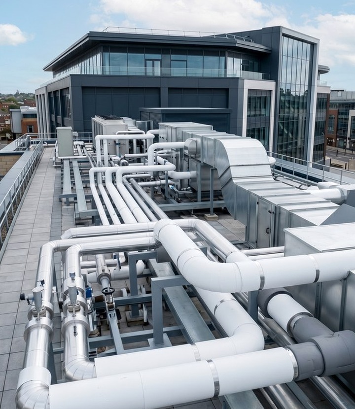 Retail rooftop and exposed services with weatherproof insulation finish