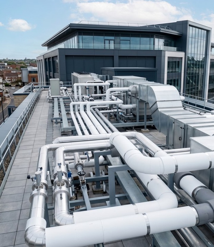Retail rooftop and exposed services with weatherproof insulation finish