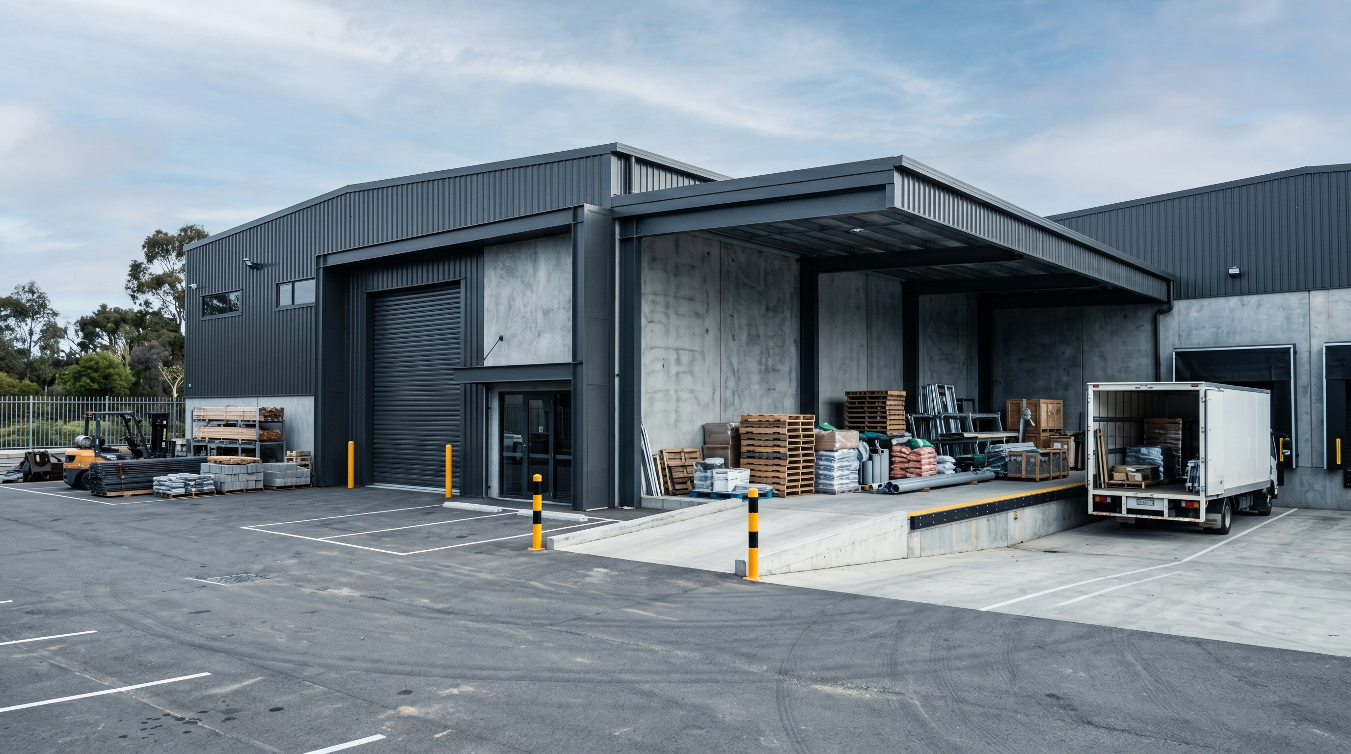 Exterior of an industrial warehouse supporting Enviroshield premises and workshop