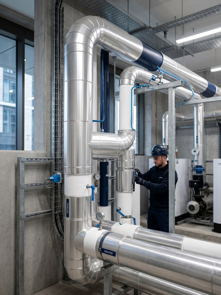Residential development services with insulated communal plant and risers