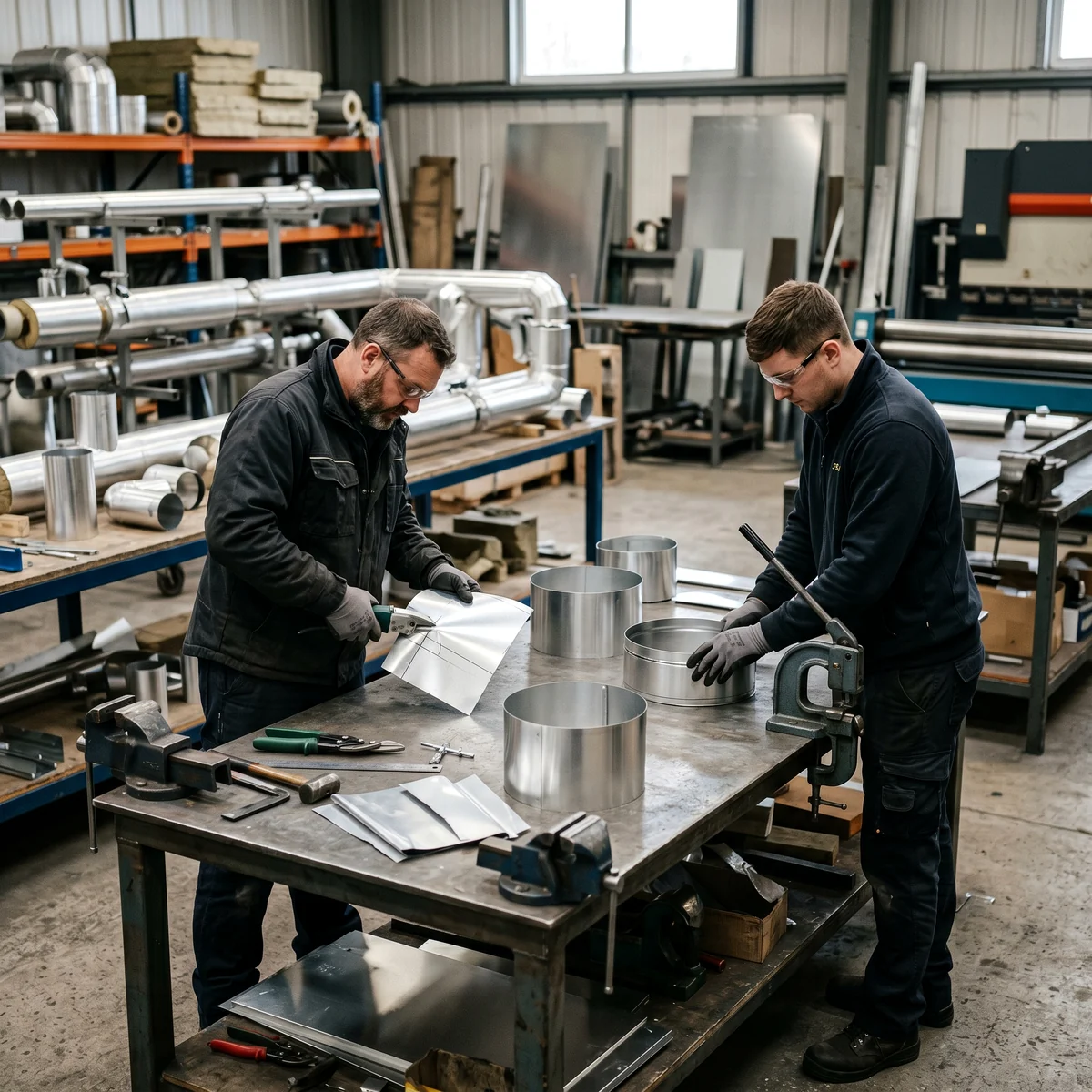 Workers preparing metal cladding for commercial pipework