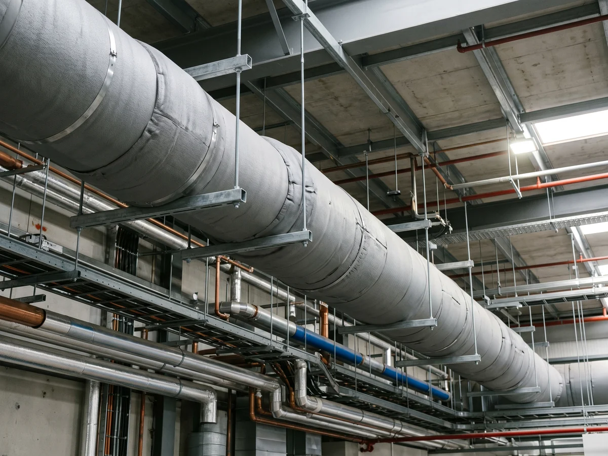 Acoustic lagging on overhead service routes inside a commercial building