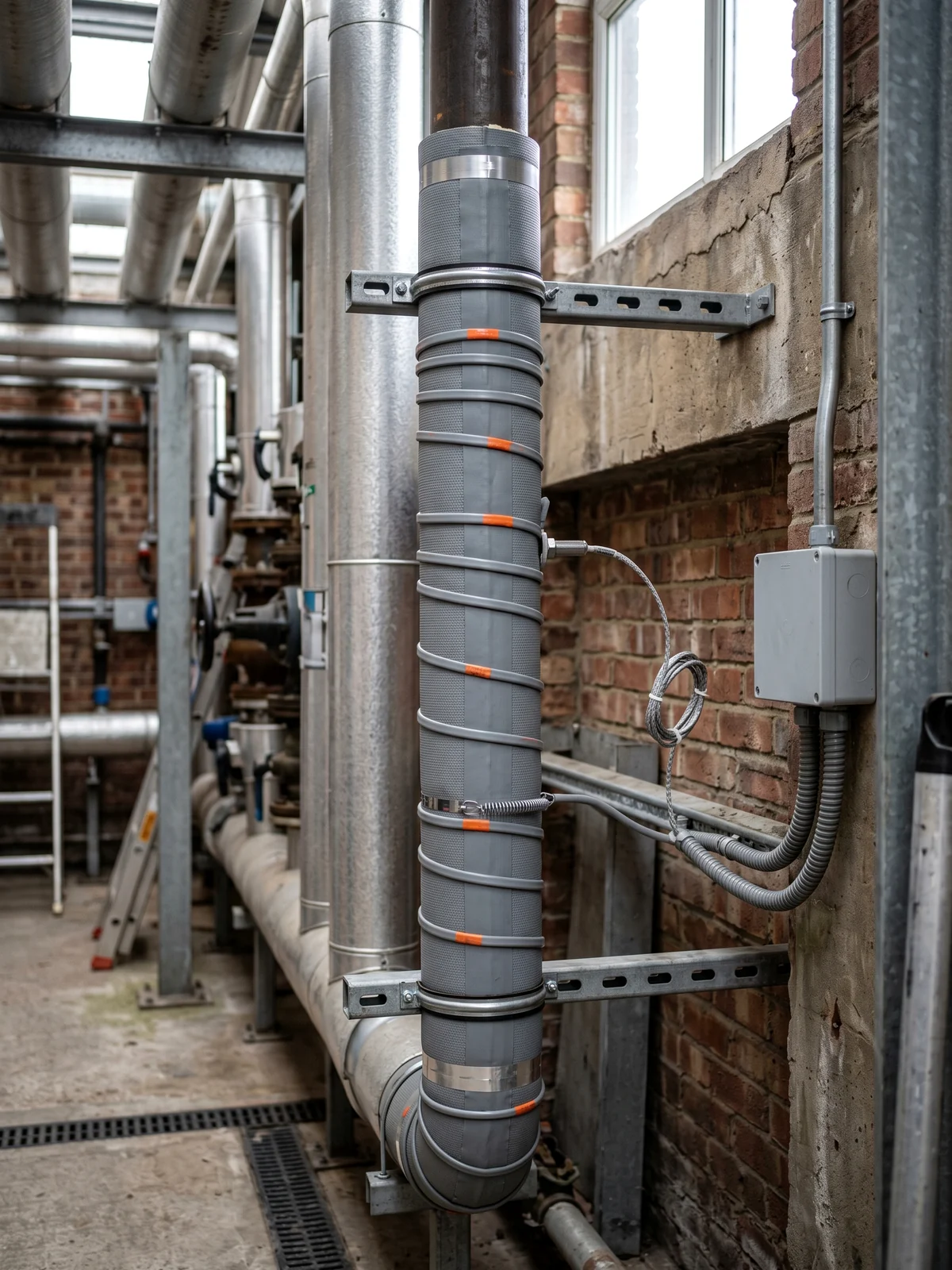 Trace-heating installation on exposed commercial pipework