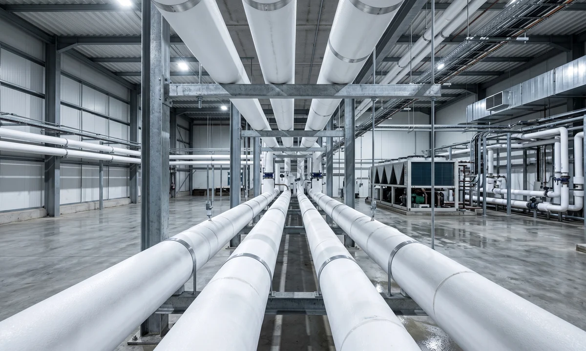 Chilled insulated pipework in a commercial cold-storage facility