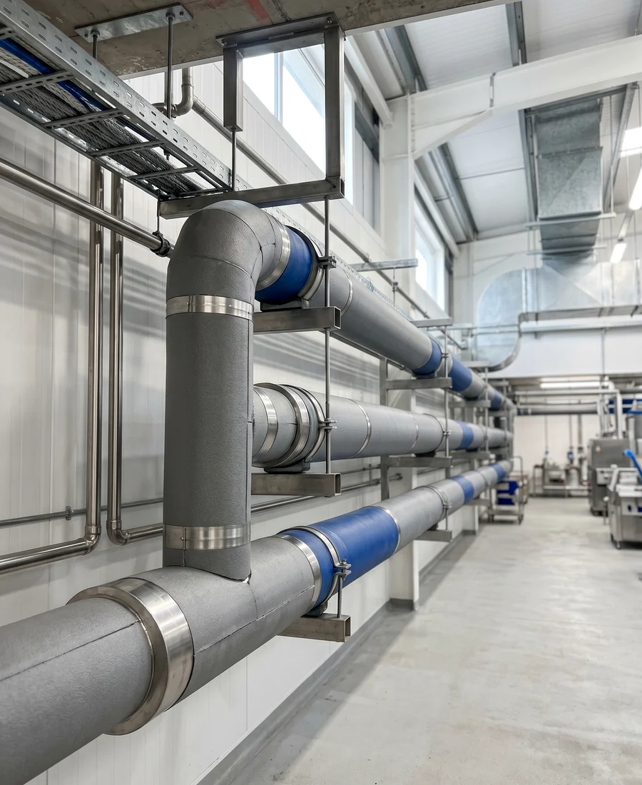 Chilled service pipework in a food-production commercial building