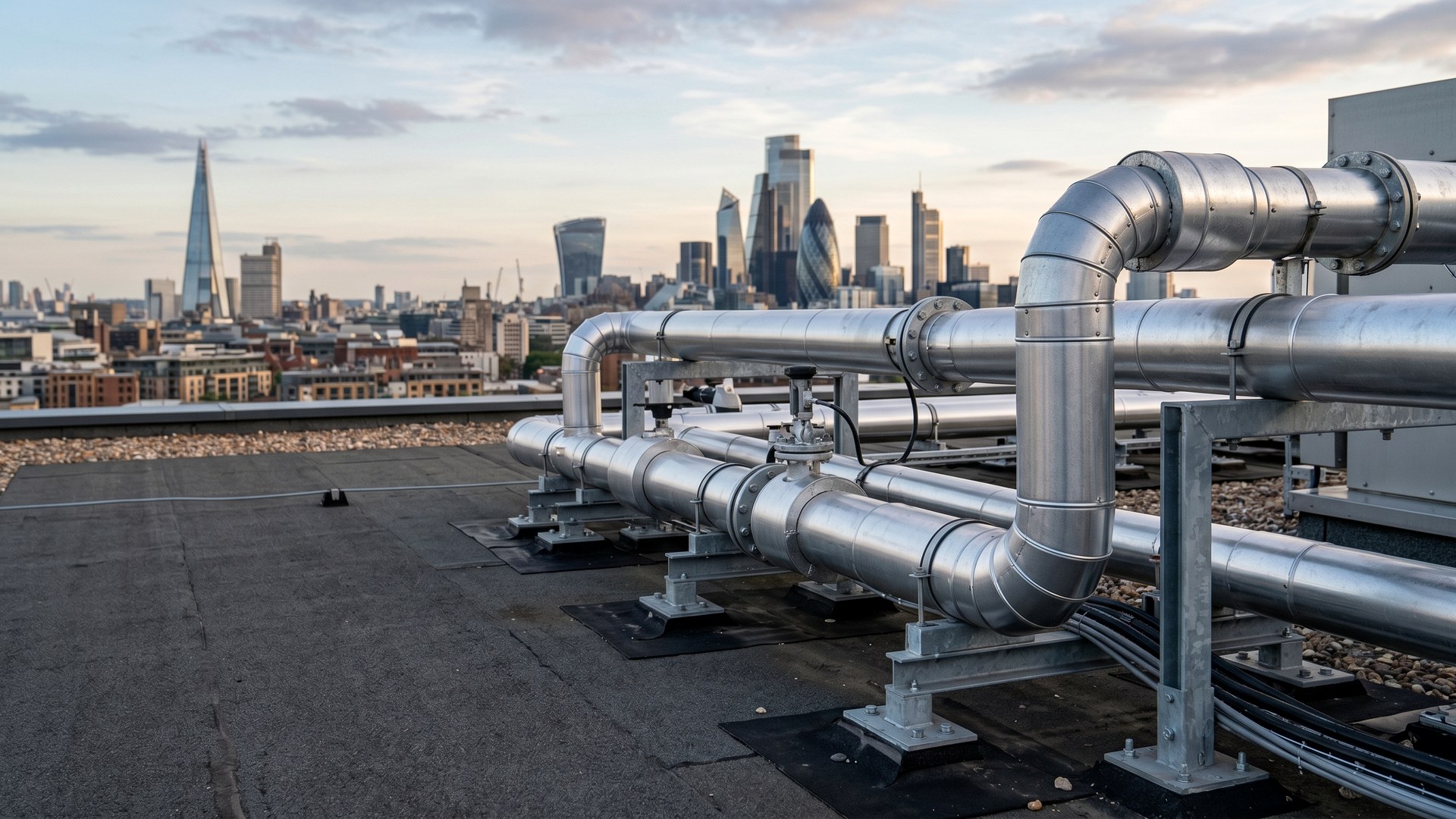 Metal-clad rooftop service pipework on a London commercial building