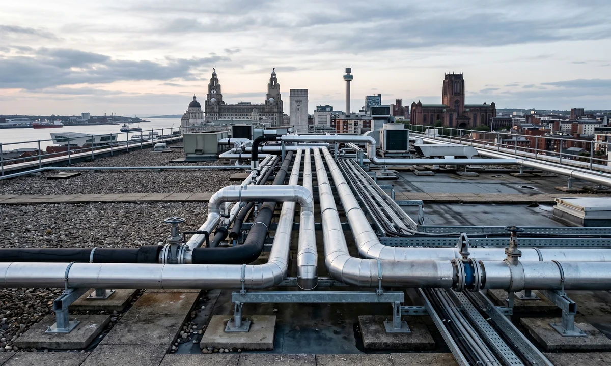 Commercial rooftop pipework installation overlooking Liverpool