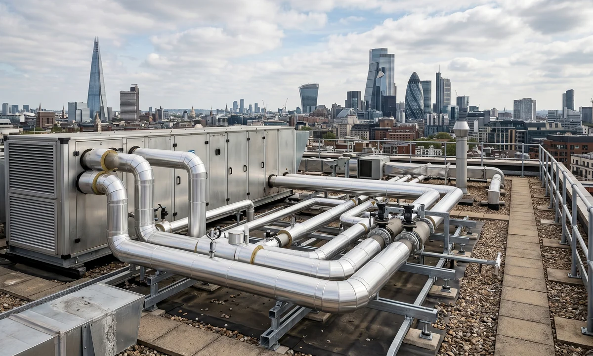 AHU rooftop pipework installation on a London high-rise