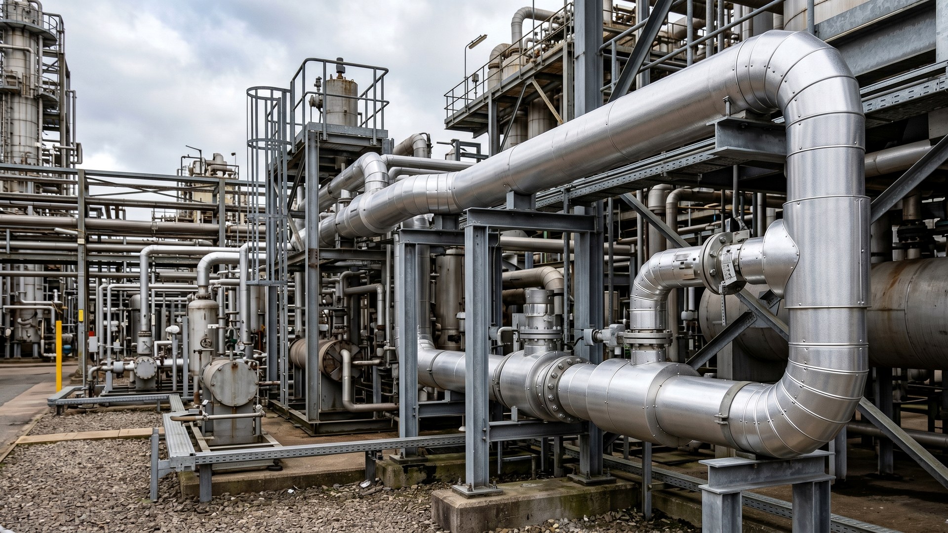 Petrochemical plant pipework with protective cladded insulation