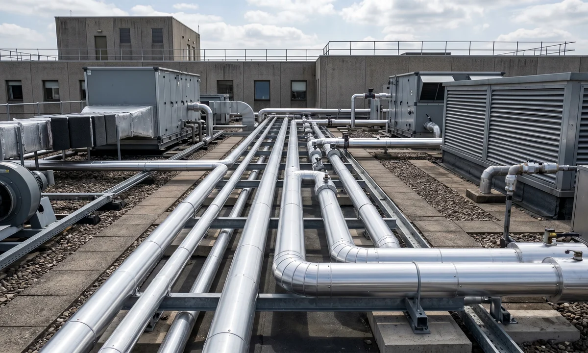 Metal-cladded public-sector rooftop service pipework