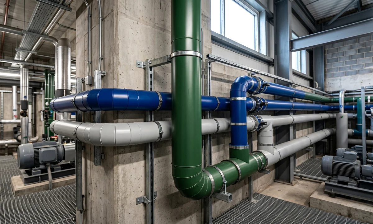 RAL-coloured service cladding on visible commercial pipework