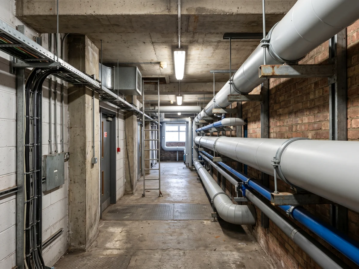 RAL-coloured pipework installation in an industrial corridor