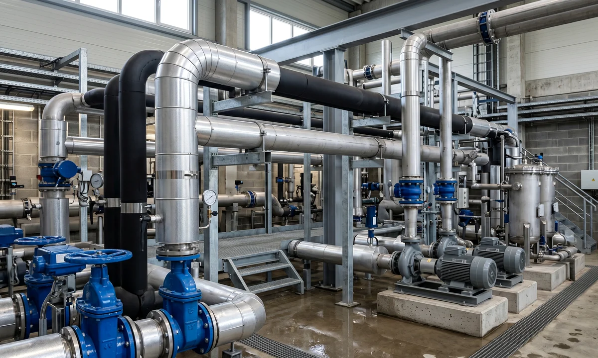 Water treatment room pipework with utilities insulation support