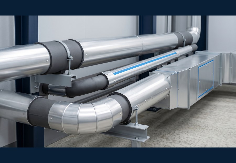 Aluzinc service cladding around insulated commercial pipework and service routes