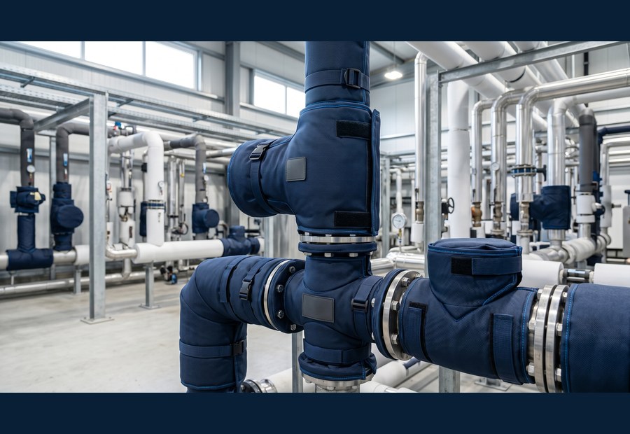 Valve insulation jackets fitted to a commercial pipework system