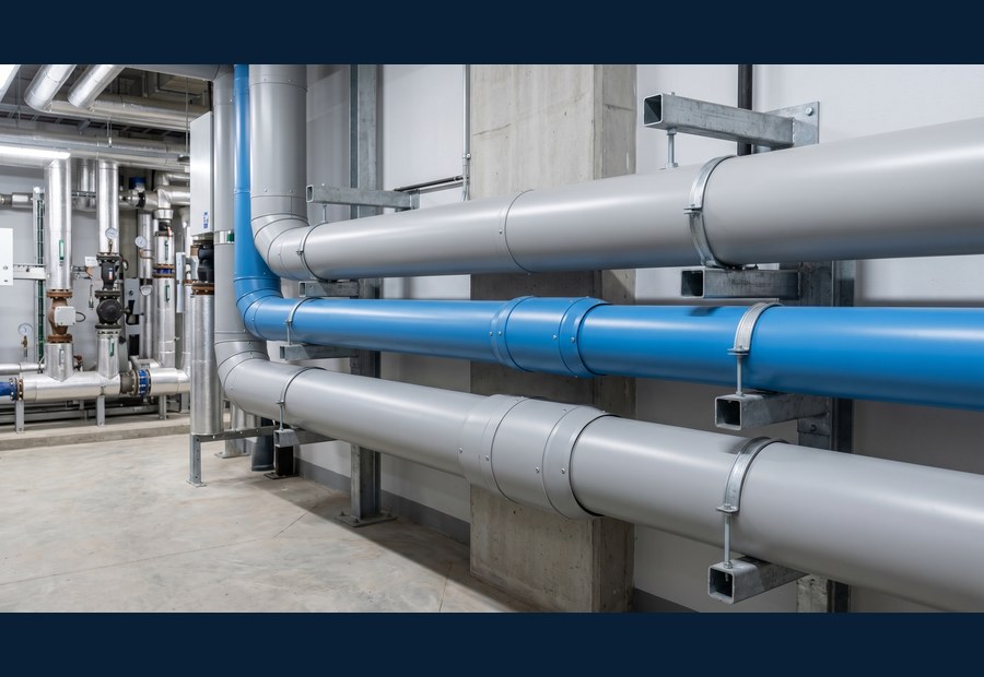 RAL-coloured service cladding on a visible commercial pipe route