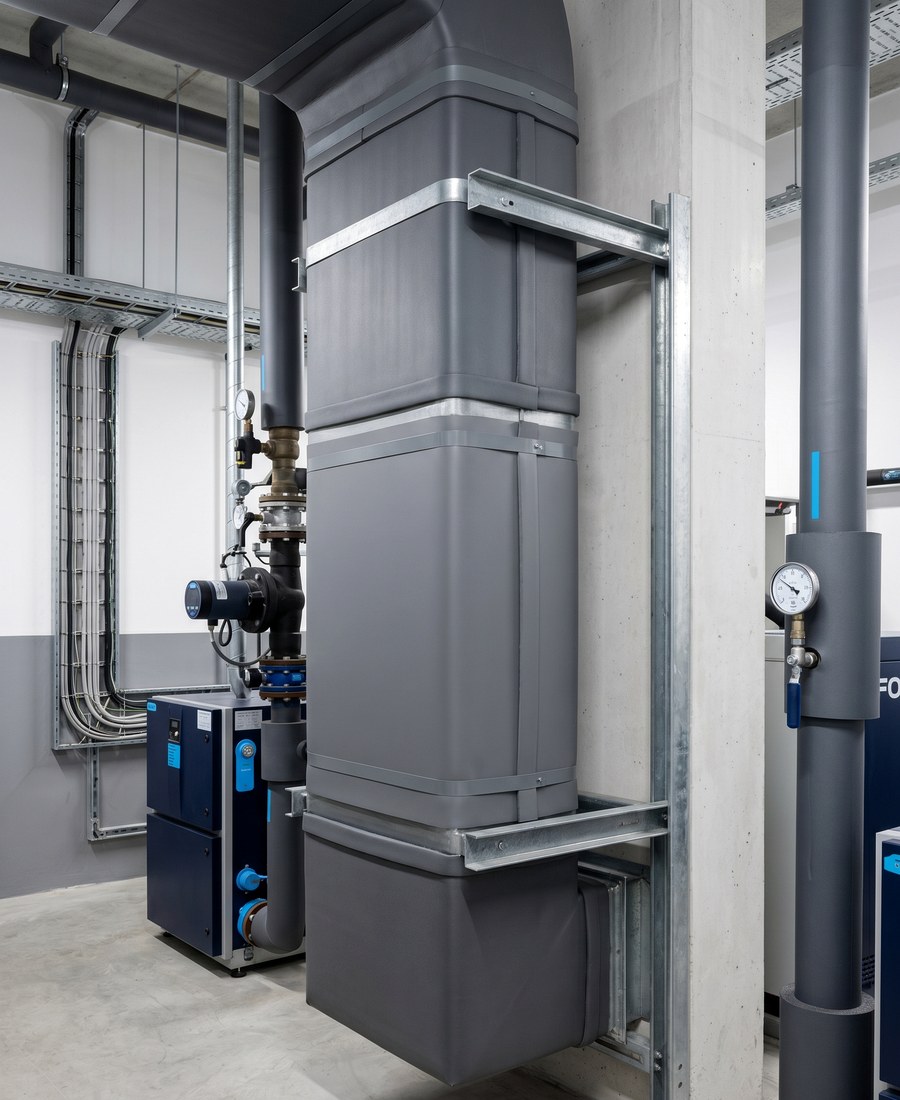 chilled ductwork insulation jackets and pipework inside a commercial plant room