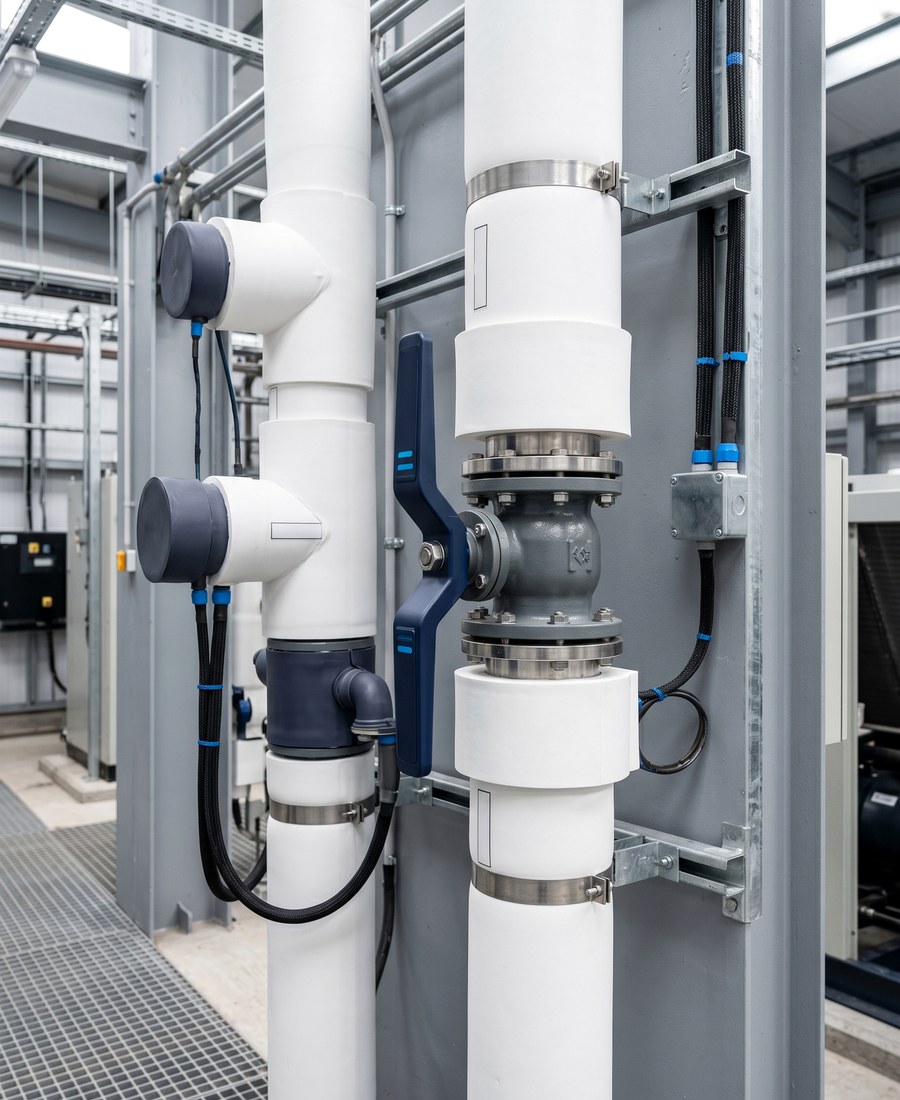 chilled water pipework insulation jackets and pipework inside a commercial plant room