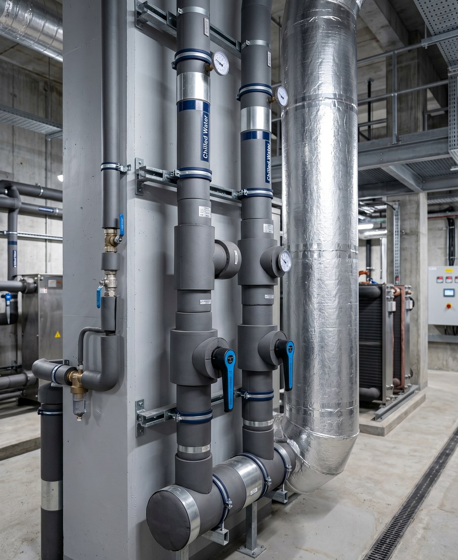 condensation control insulation jackets and pipework inside a commercial plant room