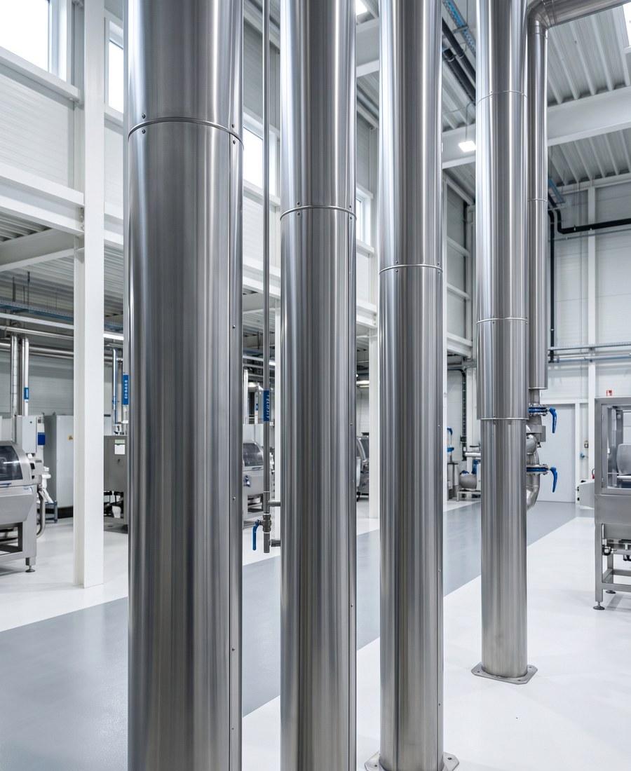 stainless steel cladding jackets and pipework inside a commercial plant room