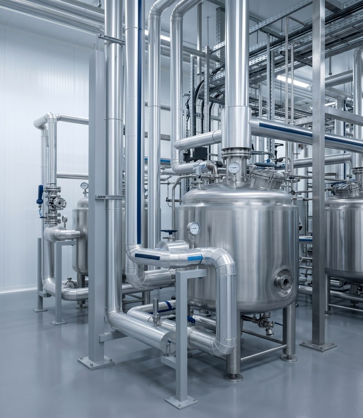Pharmaceutical and chemical service detail with insulated pipework and hygienic cladding finish