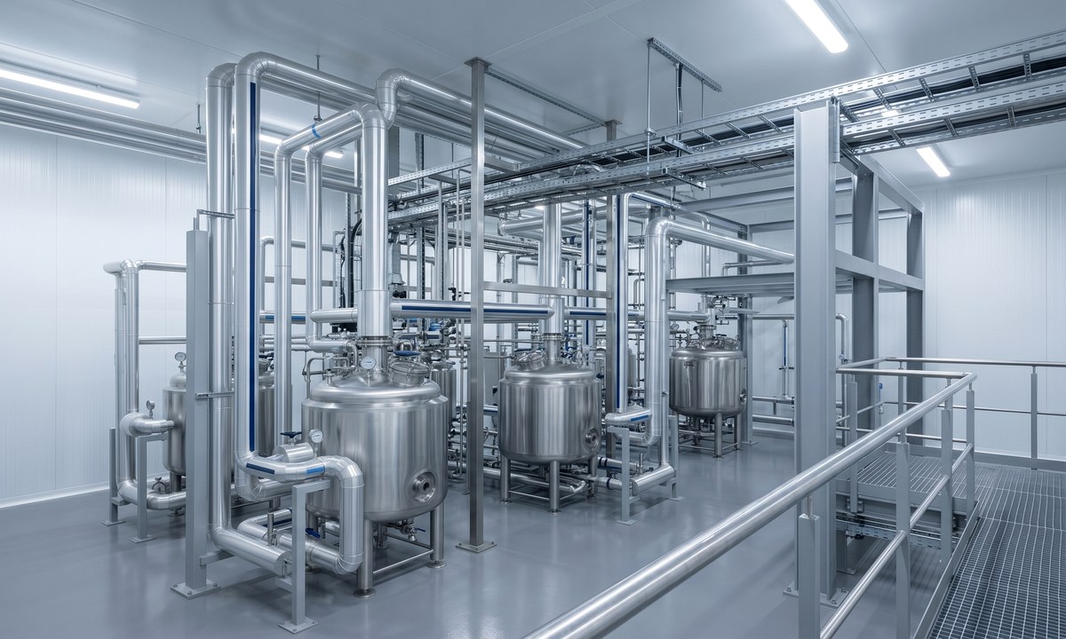Pharmaceutical and chemical plant services with insulated pipework and controlled finish detail