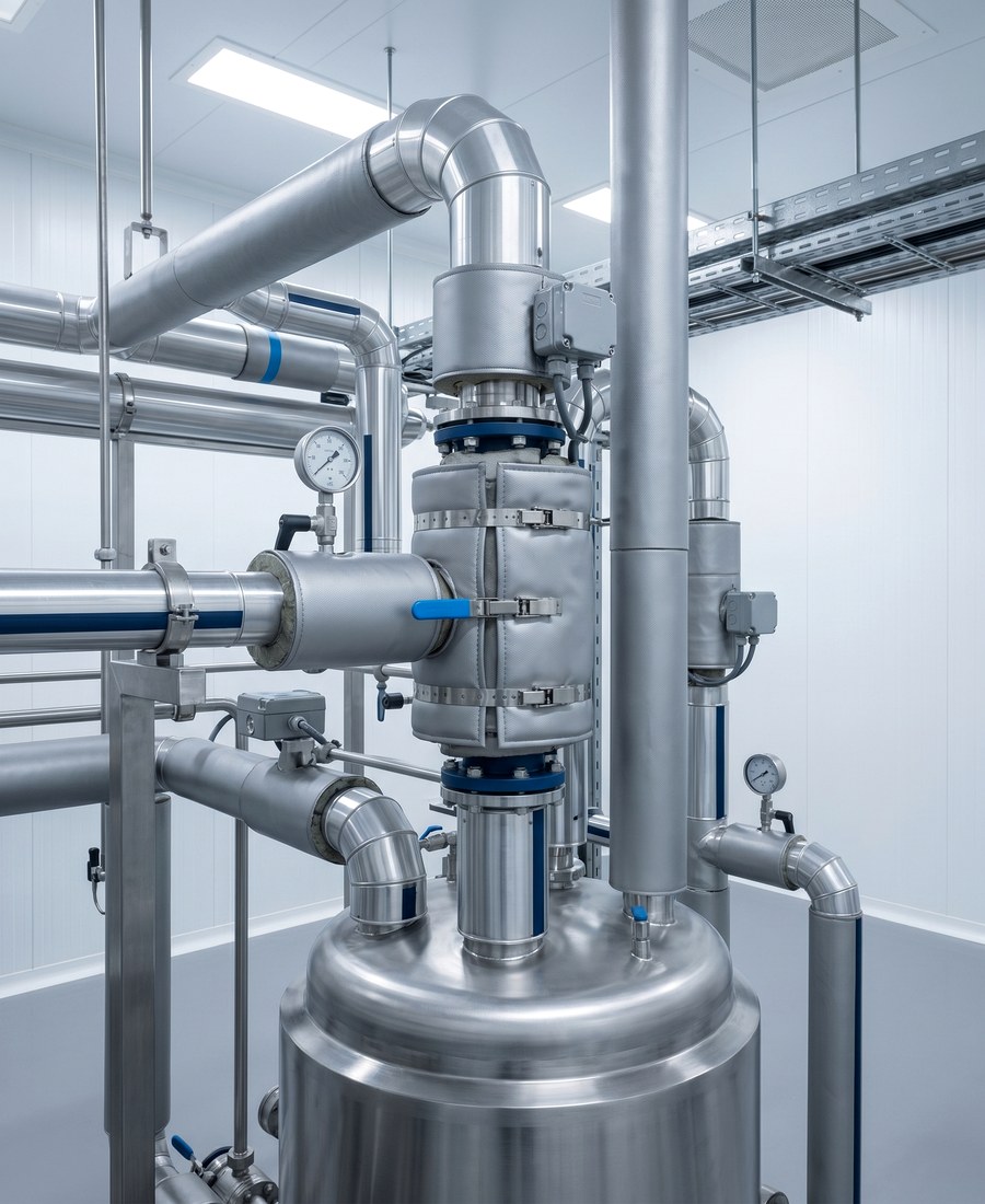 Controlled pharmaceutical and chemical service route with insulated valves and removable access