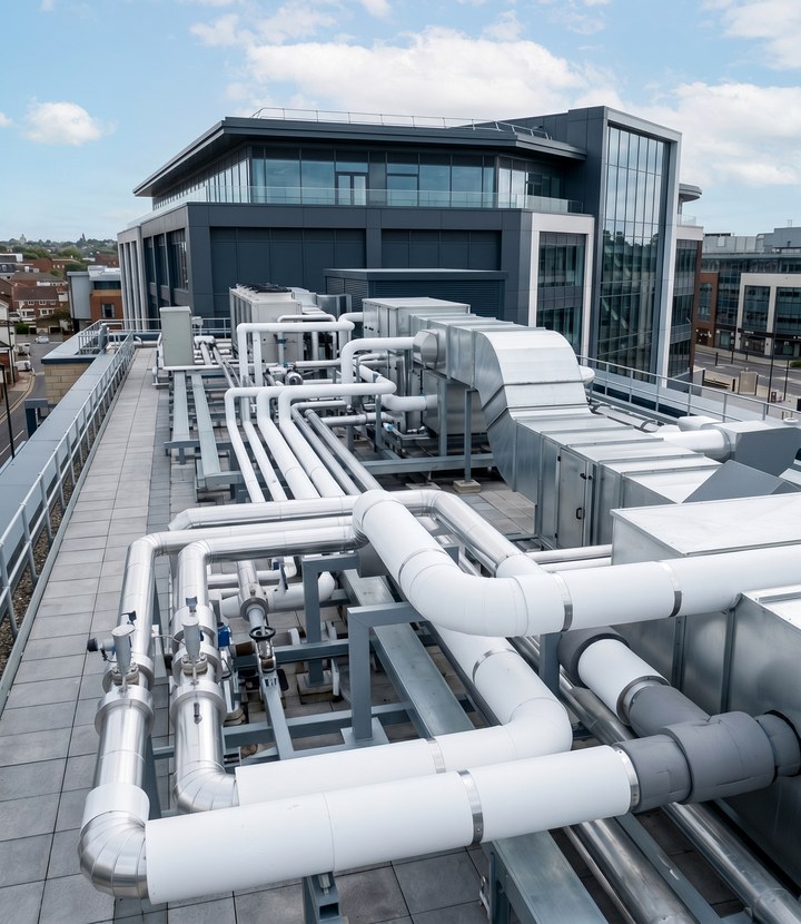 Retail rooftop and exposed services with weatherproof insulation finish