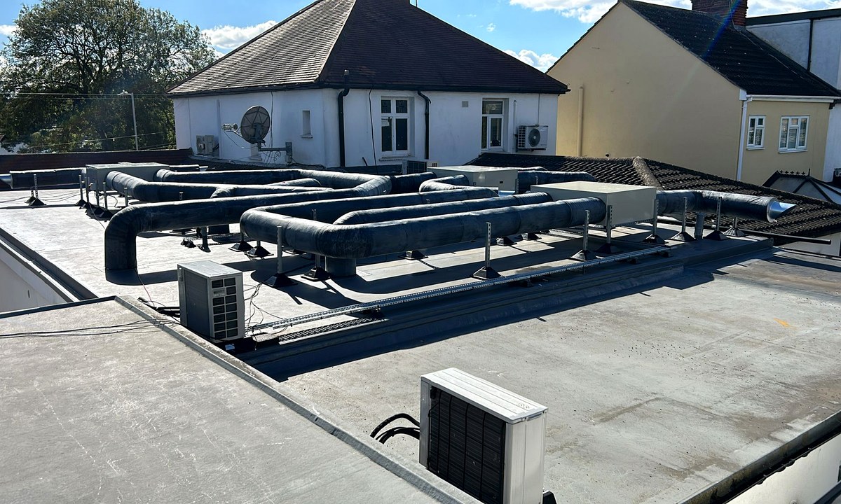 External services insulation with weatherproof outer finish across exposed routes
