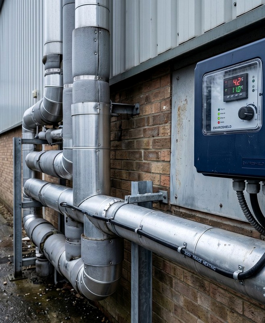 Enviroshield frost protection trace heating on exposed industrial pipework