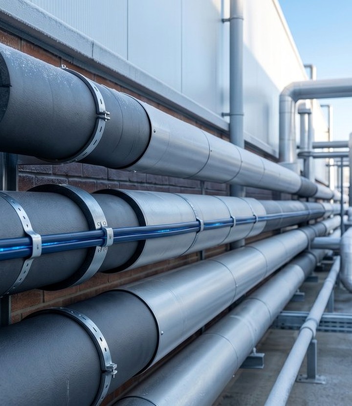 Enviroshield gutter and downpipe trace heating on commercial roof drainage routes