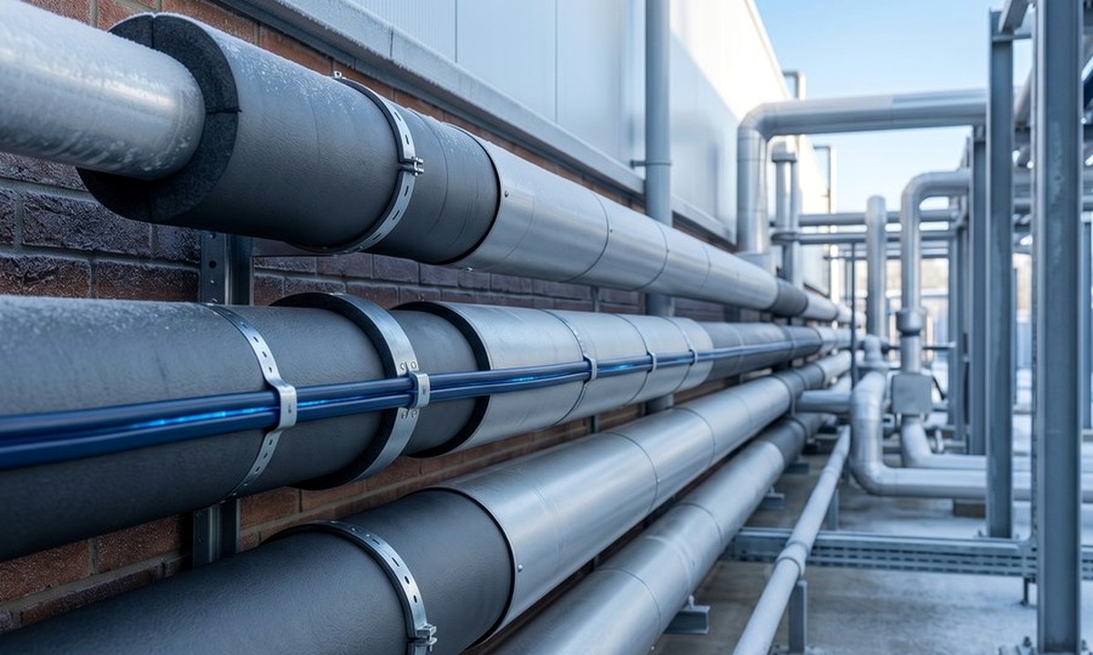 Enviroshield gutter and downpipe trace heating on commercial roof drainage routes