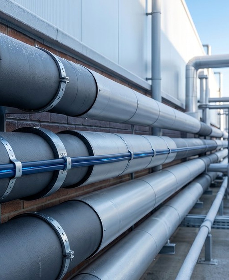 Enviroshield gutter and downpipe trace heating on commercial roof drainage routes